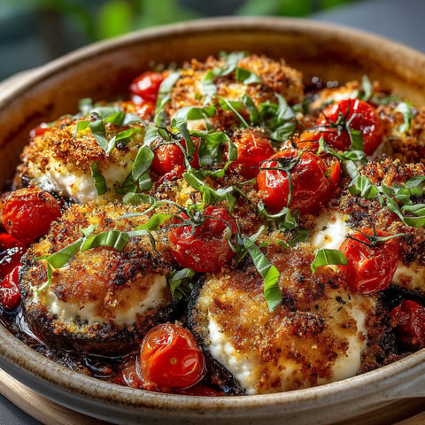 Une assiette de légumes grillés avec des tomates et des aubergines.