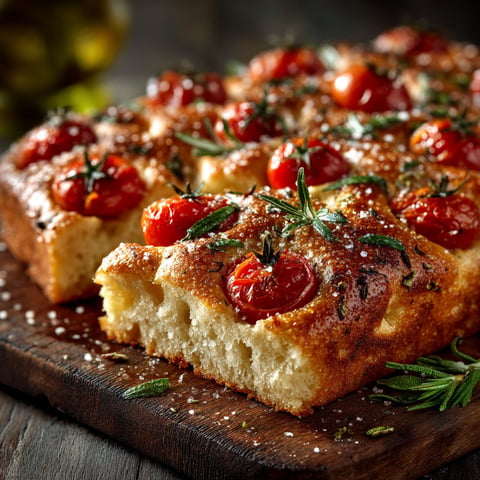 Une focaccia aux tomates cerises et romarin.