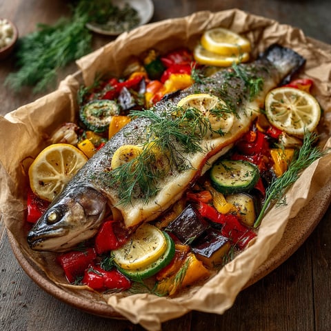 Papillote de truite entière au poivrons et aubergines.