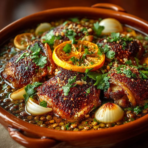 Une casserole de poulet et pois cassés.
