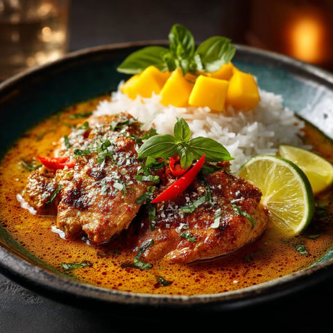 Chicken with peanut butter sauce and rice.