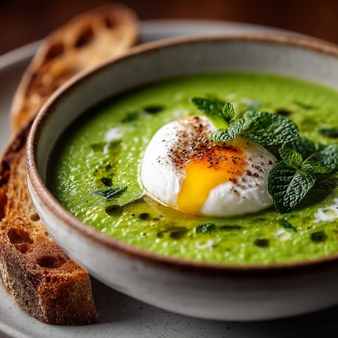 Une portion de velouté avec des petits pois et une tranche de pain grillé.