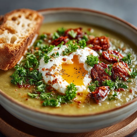 Une soupe de pois cassés et poireaux au chorizo et oeuf poché.