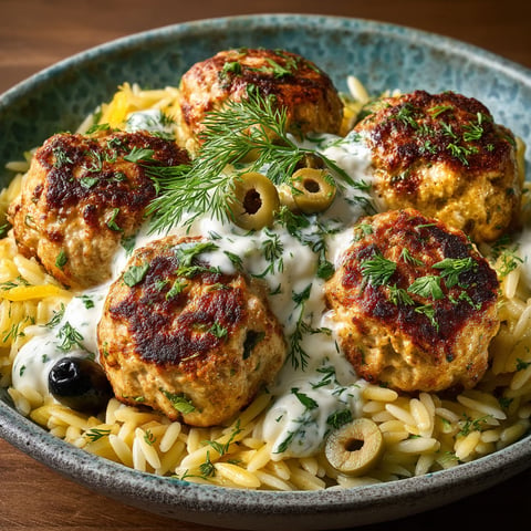 Boulettes de poulet avec sauce feta et orzo.