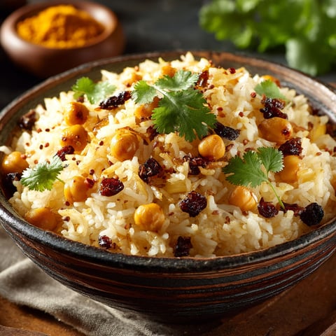 Riz aux épices, pois chiche et raisins secs.
