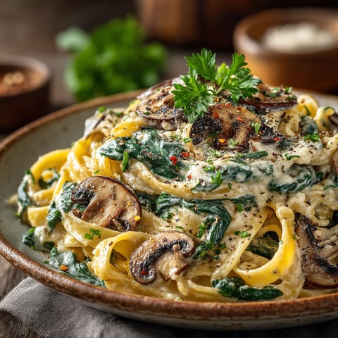 Une assiette de pâtes aux champignons et épinards.