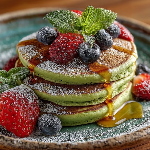 Pancakes with strawberries and blueberries.