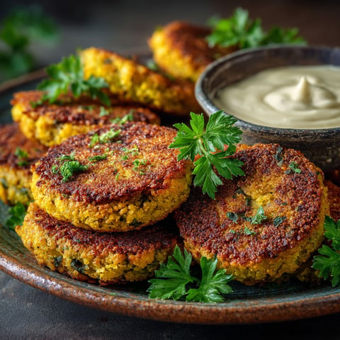 Plate of falafels with a bowl of sauce.
