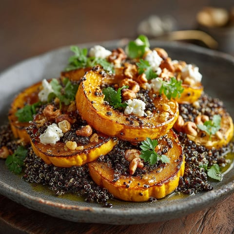 Une assiette de potimarron rôti, quinoa et chèvre.
