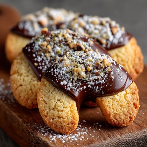 Un dessert en forme de fers à cheval, recouvert de chocolat et de noisettes.