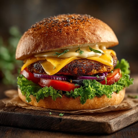 Un burger végétarien avec des champignons.
