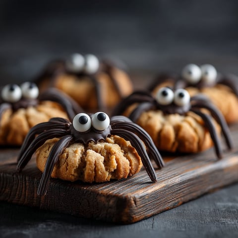 Des cookies au beurre de cacahuètes avec des yeux et des pattes de araignées.
