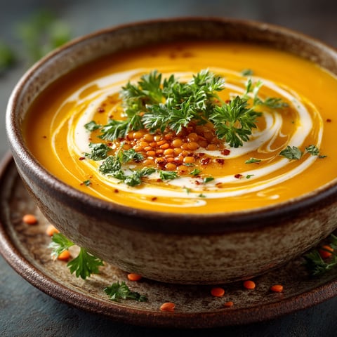 Soup with carrots and coral lentils.