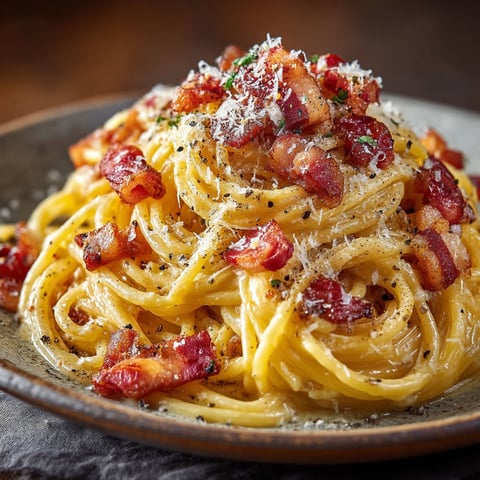 Spaghetti alla carbonara avec des bacon et des herbes.