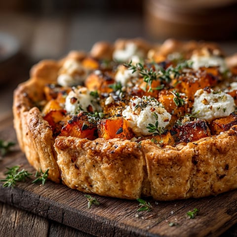 Une tarte rustique à la courge et chèvre sur une table.