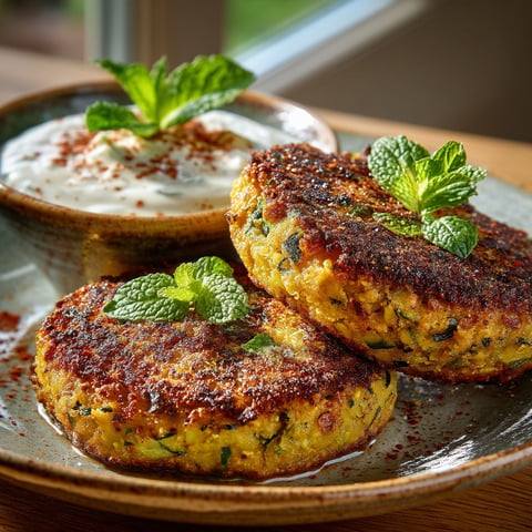 Galettes de courgette et lentilles corail, Sauce Tsatsiki.