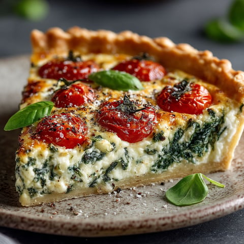 Une quiche aux épinards et ricotta sur un plateau.