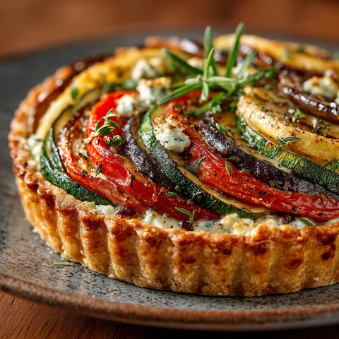 Une tarte aux légumes colorées et une sauce bleue.