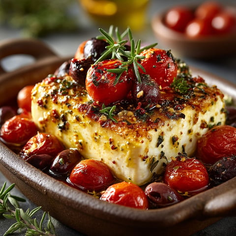 Une plaque de feta grillée avec des tomates et des olives.