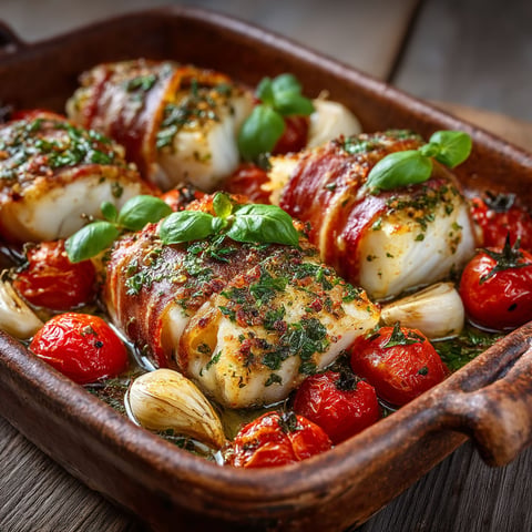 Filet de cabillaud au Prosciutto et tomates cerise.