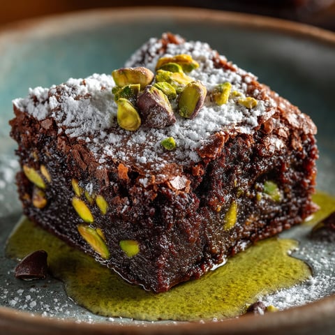 Une portion de brownie garnie d'huile d'olive et de pistaches.
