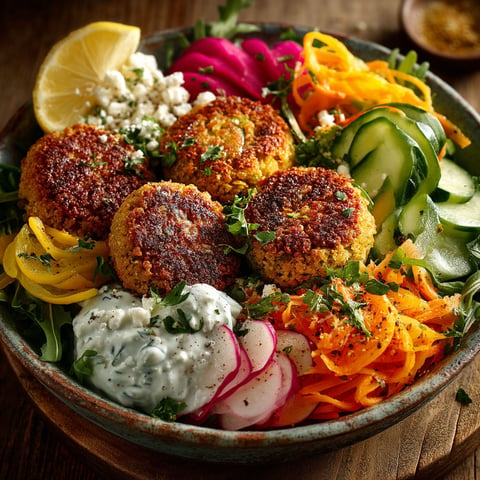 Une assiette complète de falafels et de tsatsiki.