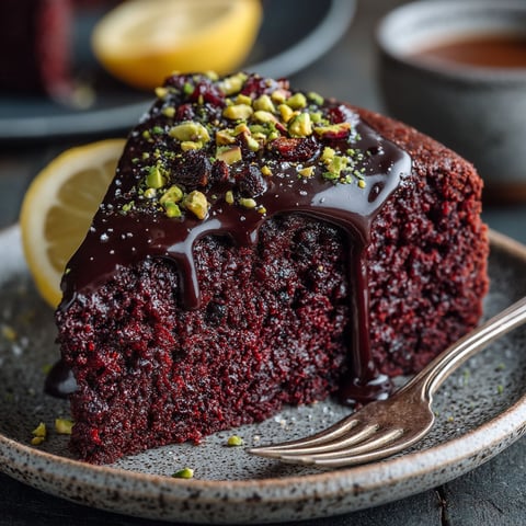 Une portion de gâteau au chocolat et à la betterave sur un plateau.