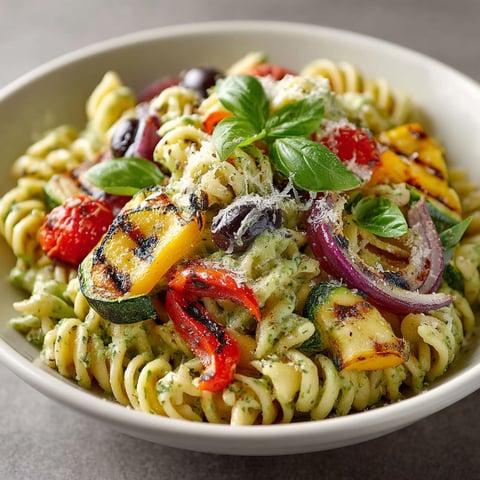 Une salade de pâtes aux légumes grillés et sauce crémeuse à l'avocat.