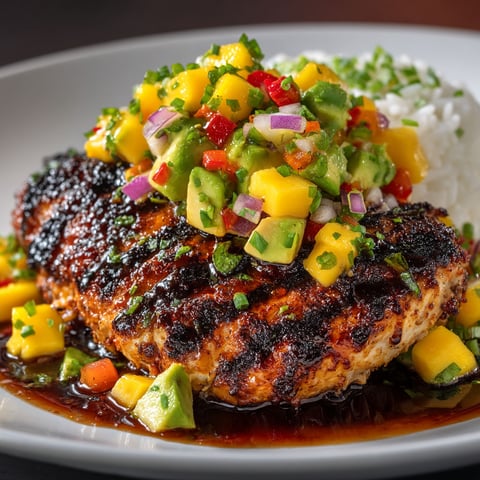 Poulet grillé avec sauce salsa et mangue.
