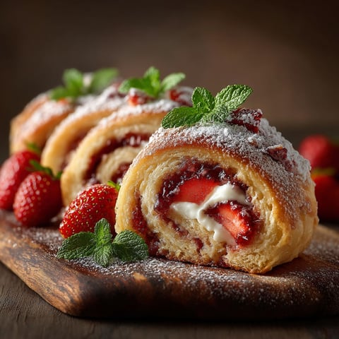 Une brioche roulée aux fraises sur une planche de bois.