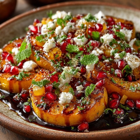 Une assiette de courge rôtie avec des feta et des grenades.