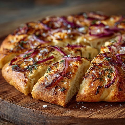 Une pizza de fougasse aux oignons rouges.