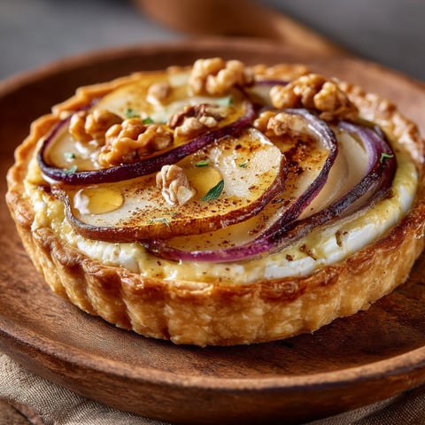 Une tarte au chèvre et aux poires sur un plateau.