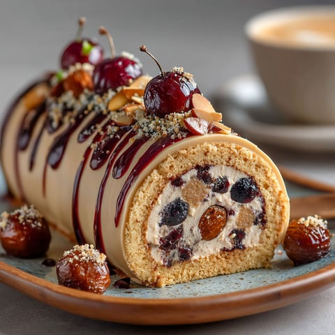 Une bûche de marrons, cassis et amande.