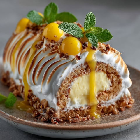 Une bûche de citron, limoncello et noisettes sur un plateau.