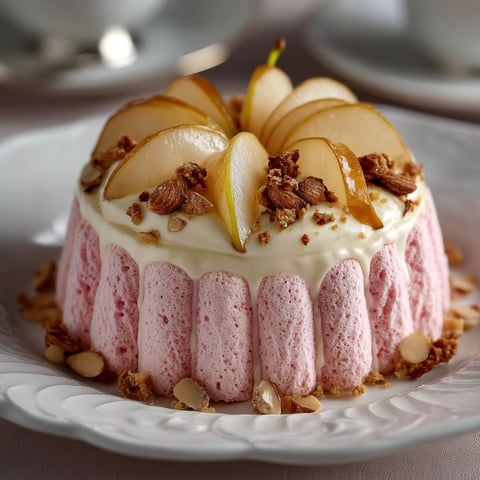 Une charlotte poire et nougatine aux biscuits roses.