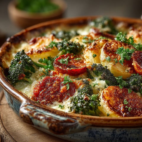Gratin de pommes de terre au brocoli et chorizo.