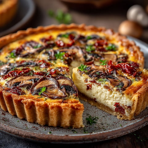 Une tarte aux champignons, coppa et tomates séchées.