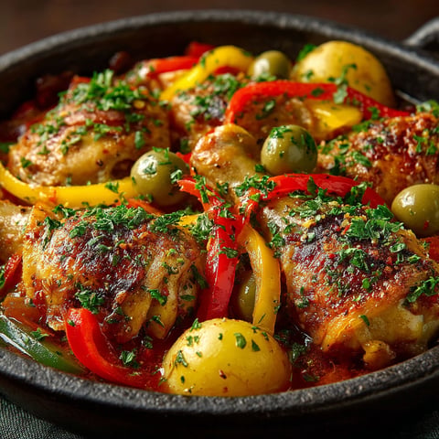 Cocotte de poulet aux poivrons et aux olives.
