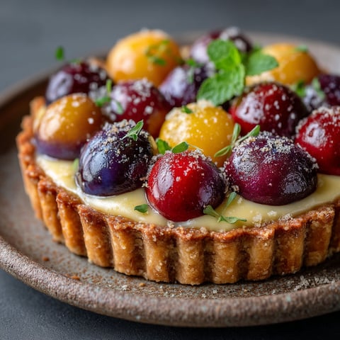 Une tarte aux prunes multicolore avec une crème de noisettes.