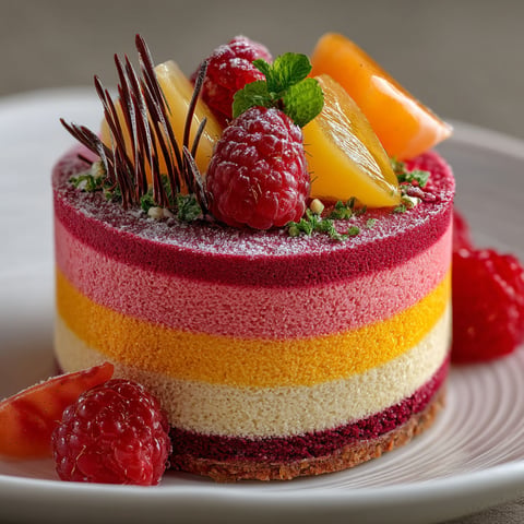 Un gâteau coloré avec des fruits.