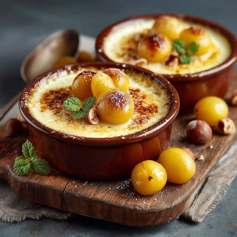 Gratins de mirabelles à la poudre de noisette.