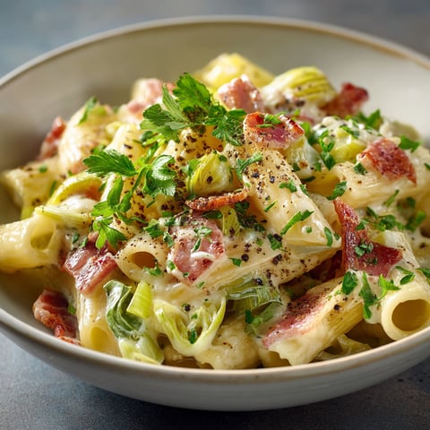 Pâtes au poireau, crème et lardons.