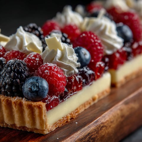 Une tarte aux fruits tricolore sur une planche de bois.