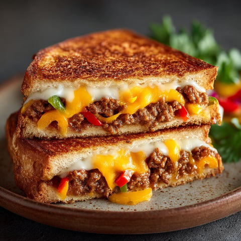 Une tranche de croque à la viande hachée et aux poivrons.