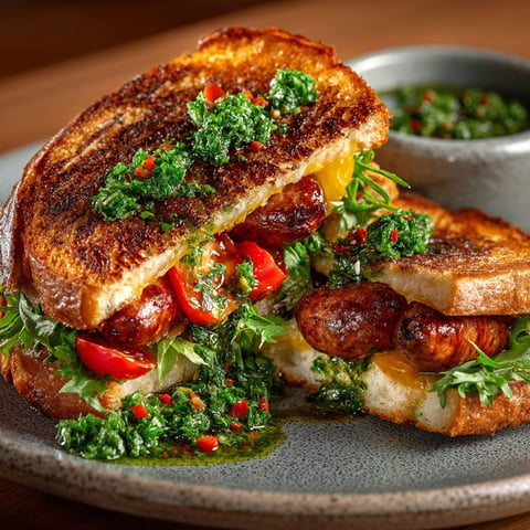 Une sandwich croque avec sauce chimichurri.