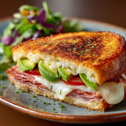 Une tranche de croque au chorizo et avocat.