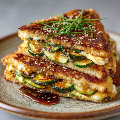 Une tranche de croque aux courgettes avec sauce soja et omelette.