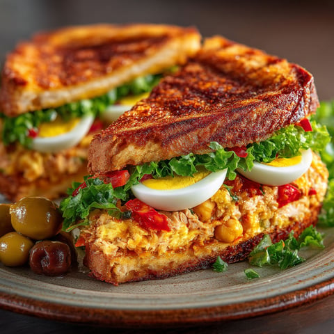 Une croque au thon avec des oeufs, des pois chiches et harissa.