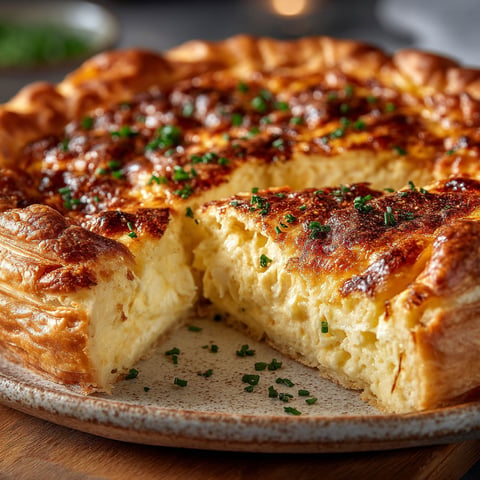Une quiche soufflée au fromage est servie sur un plateau.